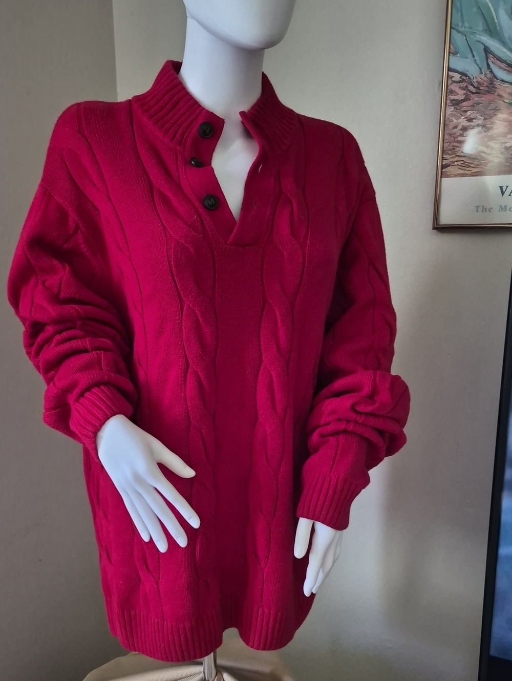 Chaps Cable Knit Button-Front Turtleneck Sweater - Fuchsia Red